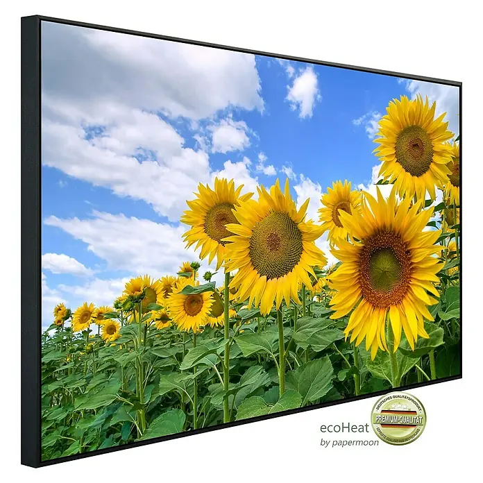 Papermoon Infrarot-Bildheizkörper Sonnenblumenfeld - 90 cm x 500 mm, 450 W - Das gerahmte Sonnenblumenbild bietet leuchtende Farben und hochwertige Details, ideal für eine frische Wanddekoration.
