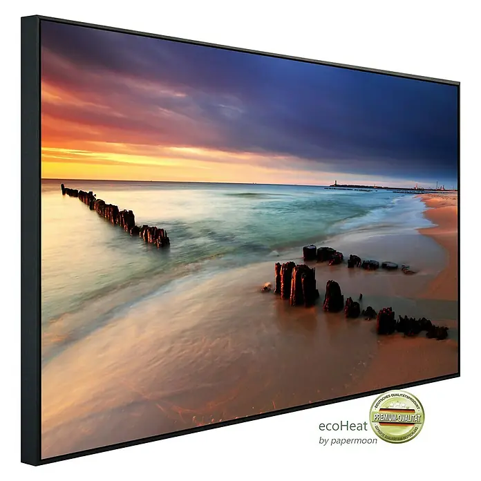 Papermoon Infrarot-Bildheizkörper Baltic Beach Sonnenaufgang - 60 x 50 cm, 350 W - Das Ecoheat Paneelheizkörper-Produktbild zeigt ein rechteckiges, gerahmtes Landschaftsgemälde mit einem Strand und Sonnenuntergang.