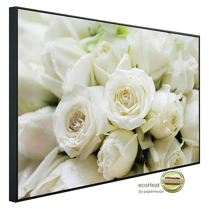 Papermoon Infrarot-Bildheizkörper Weiße Rosen 2 - 90 x 50 cm, 450 W - Das Bild zeigt eine Infrarotheizung mit Rosenmotiv, die sowohl funktional als auch dekorativ ist. Sie sorgt für angenehme Wärme und verschönert den Raum.