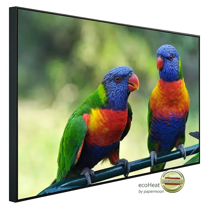 Papermoon Infrarot-Bildheizkörper Regenbogen Lorikeets Vögel - 90 x 50 cm, 450 W - Dieses Bild zeigt ein Ecoheat-Paneel mit einem farbenfrohen Papageienmotiv, das für eine attraktive Wandgestaltung sorgt.