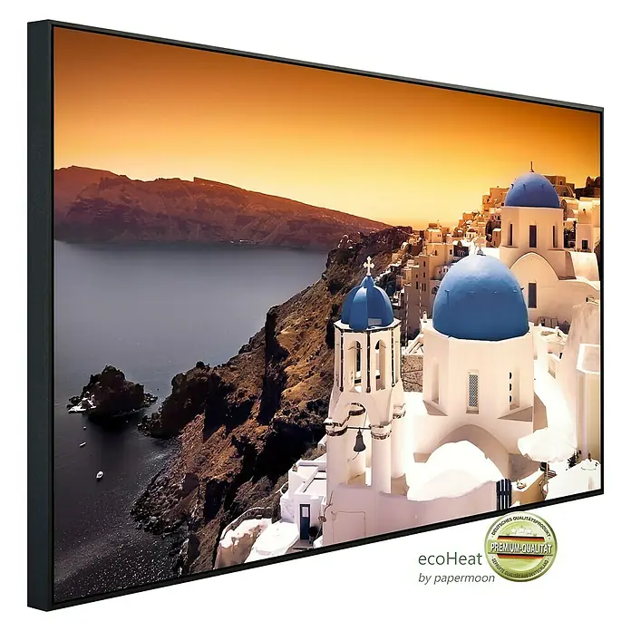 Papermoon Infrarot-Bildheizkörper Santorini Sonnenuntergang 1 - 120 cm x 600 mm, 1.200 W - Hochwertiges gerahmtes Bild mit Santorin-Motiv. Ein Premium-Qualitätsprodukt für stilvolle Wanddekoration.