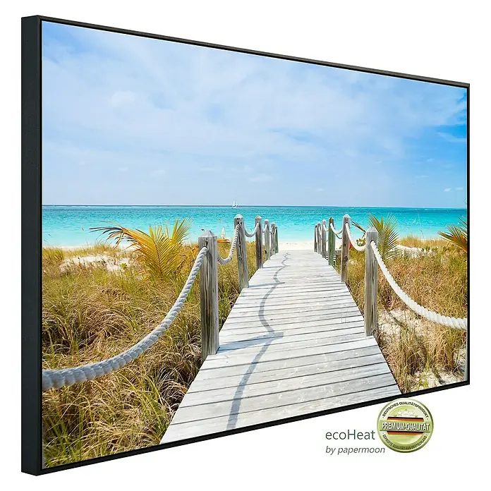 Papermoon Infrarot-Bildheizkörper Dunes Carribean Beach - 120 x 60 cm, 1.200 W - Das hochwertige Leinwandbild zeigt einen Holzsteg, der zu einem türkisfarbenen Meer führt. Perfekt für eine entspannte Atmosphäre in jedem Raum.