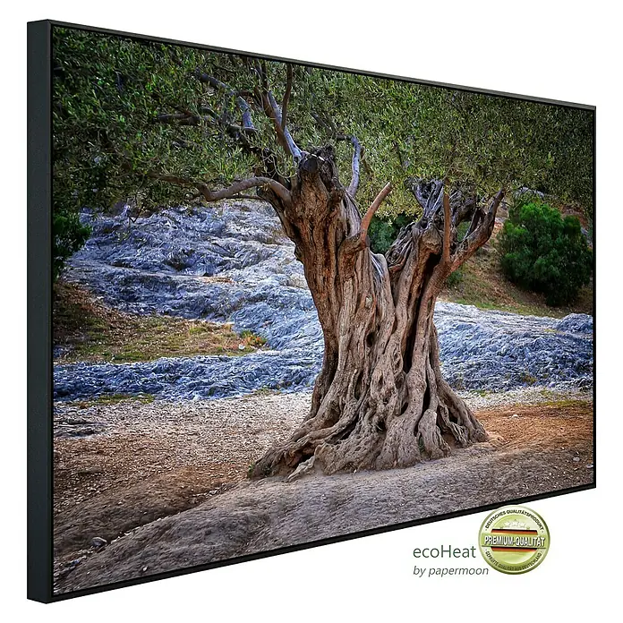 Papermoon Infrarot-Bildheizkörper Alte Olivenbaumstämme - 120 x 60 cm, 1.200 W - Premium-Qualität: Wandbild mit einem malerischen Olivenbaum auf felsigem Untergrund, gerahmt in edlem Schwarz, für eine stilvolle Raumgestaltung.