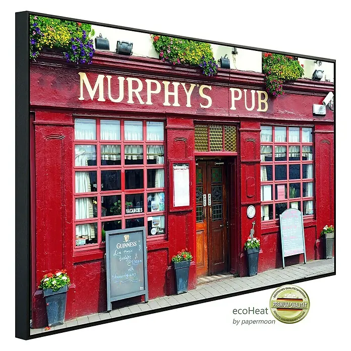 Papermoon Infrarot-Bildheizkörper Murphys Pub Dingle Bay - 100 x 60 cm, 600 W - Das Bild zeigt die Fassade von "Murphy's Pub" mit roten Wänden, Fenstern und Blumenkästen. Einladend und typisch für ein irisches Pub.