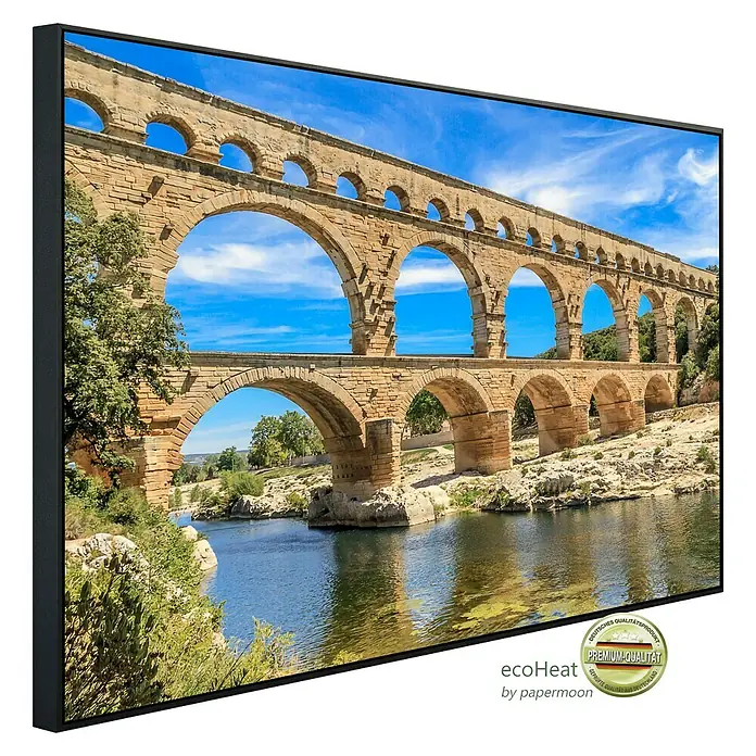 Papermoon Infrarot-Bildheizkörper Pont du Gard Aquädukt - 60 x 50 cm, 350 W - Dieses gerahmte Bild zeigt die römische Brücke Pont du Gard in Frankreich und bringt historische Eleganz an Ihre Wand.