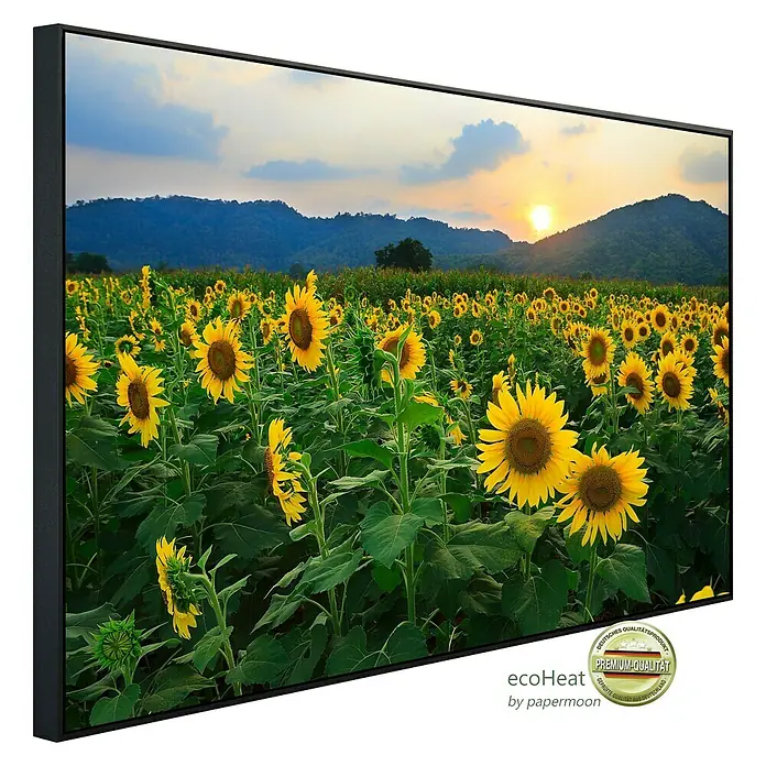 Papermoon Infrarot-Bildheizkörper Sonnenblumenfeld 2 - 100 x 60 cm, 600 W - Ein gerahmtes Bild von einem Sonnenblumenfeld bei Sonnenuntergang, das die Schönheit der Natur zeigt.