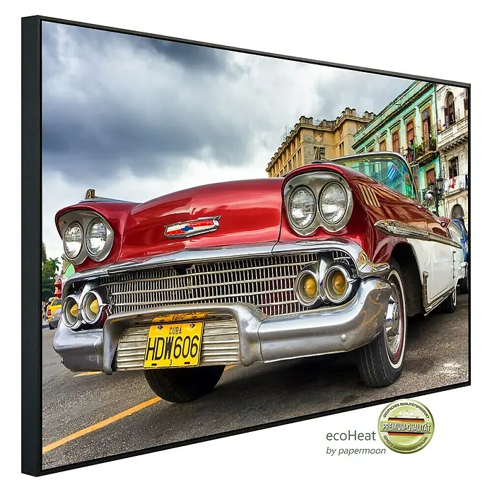 Papermoon Infrarot-Bildheizkörper Havanna Oldtimer 3 - 100 x 60 cm, 600 W - Das gerahmte Wandbild zeigt einen Oldtimer in Havanna, Kuba. Das Bild ist detailliert und farbenfroh, wodurch das Auto gut zur Geltung kommt.