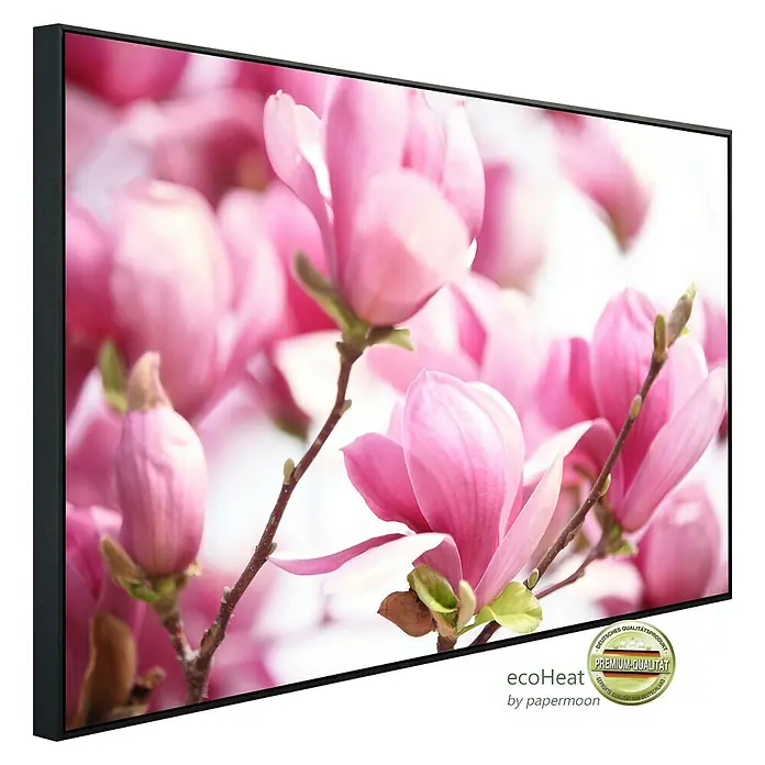 Papermoon Infrarot-Bildheizkörper Rosa Magnolie - 120 x 60 cm, 1.000 W - Nahaufnahme eines EcoHeater Infrarot-Heizpaneels mit Magnolienblüten-Motiv.