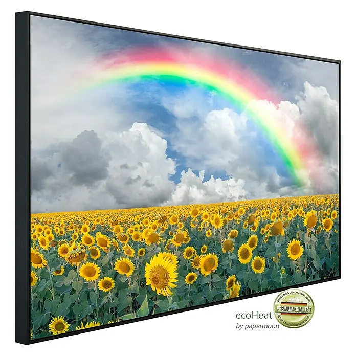 Papermoon Infrarot-Bildheizkörper Regenbogen Sonnenblumen - 60 x 50 cm, 350 W - Gerahmtes Bild eines Sonnenblumenfeldes unter einem Regenbogen, das eine friedliche und lebendige Atmosphäre ausstrahlt.