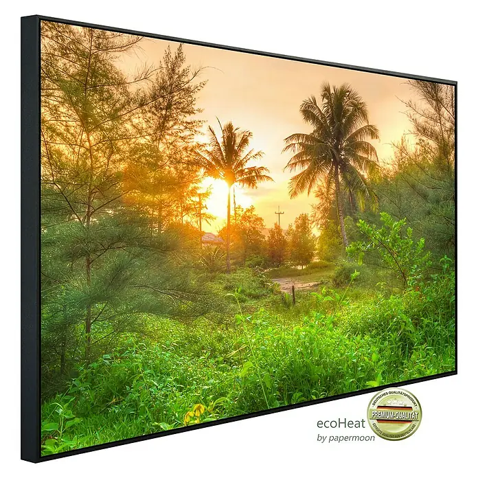 Papermoon Infrarot-Bildheizkörper Erstaunlicher Dschungel Sonnenaufgang - 100 x 60 cm, 800 W - Hochwertiges Wandbild mit Sonnenuntergang und Palmen, gerahmt und fertig zum Aufhängen, ein echter Hingucker für Ihr Zuhause.