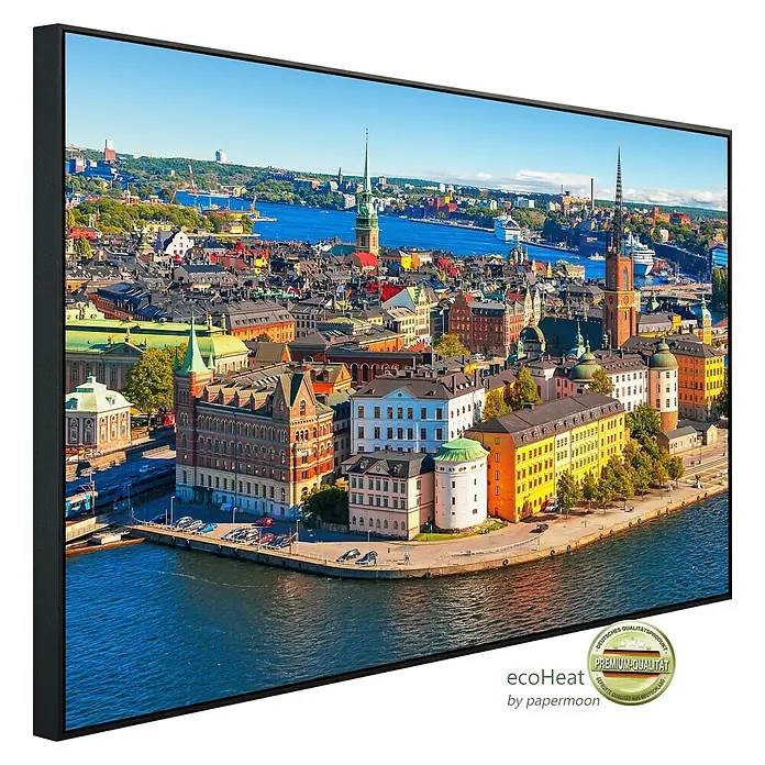 Papermoon Infrarot-Bildheizkörper Stockholmer Altstadt - 120 x 60 cm, 1.200 W - Hochwertiger Kunstdruck mit Stockholmmotiv im edlen Rahmen. Premium-Qualität für stilvolle Wanddekoration im Wohnzimmer oder Büro.