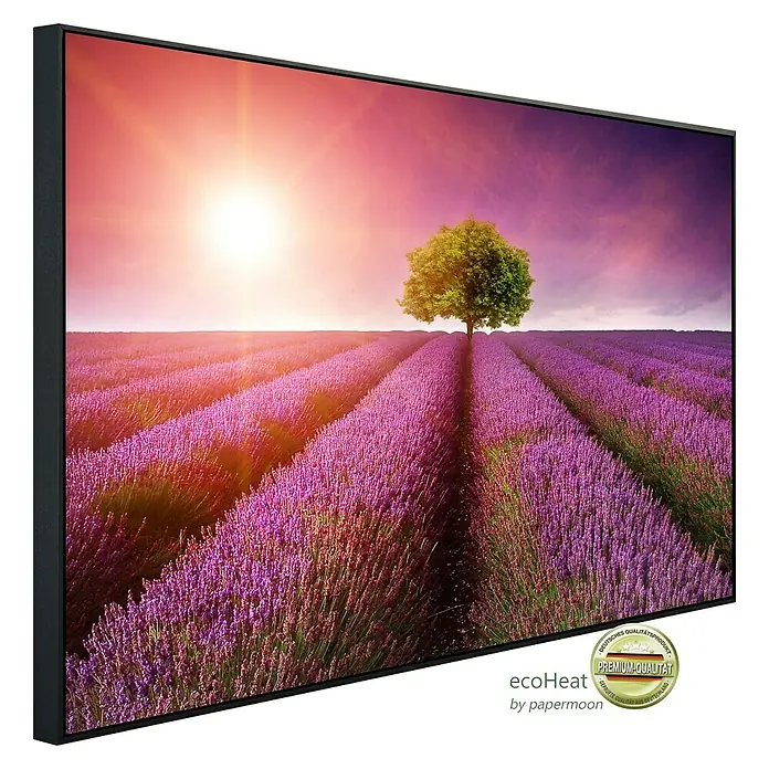 Papermoon Infrarot-Bildheizkörper Lavendelfeld 2 - 120 x 60 cm, 1.000 W - EcoHeat Infrarotheizung mit Lavendelfeld-Motiv. Das Bild zeigt ein Feld mit Lavendel und Baum bei Sonnenaufgang, gerahmt in Schwarz.