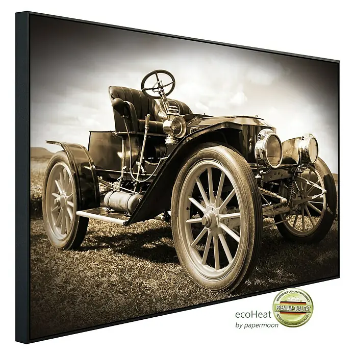 Papermoon Infrarot-Bildheizkörper Vintage Retro Auto - 90 x 50 cm, 450 W - Elegantes gerahmtes Bild eines Oldtimers. Das Bild zeigt ein klassisches Auto in Sepiatönen, das auf einer Wiese steht, ein stilvolles Dekorstück.
