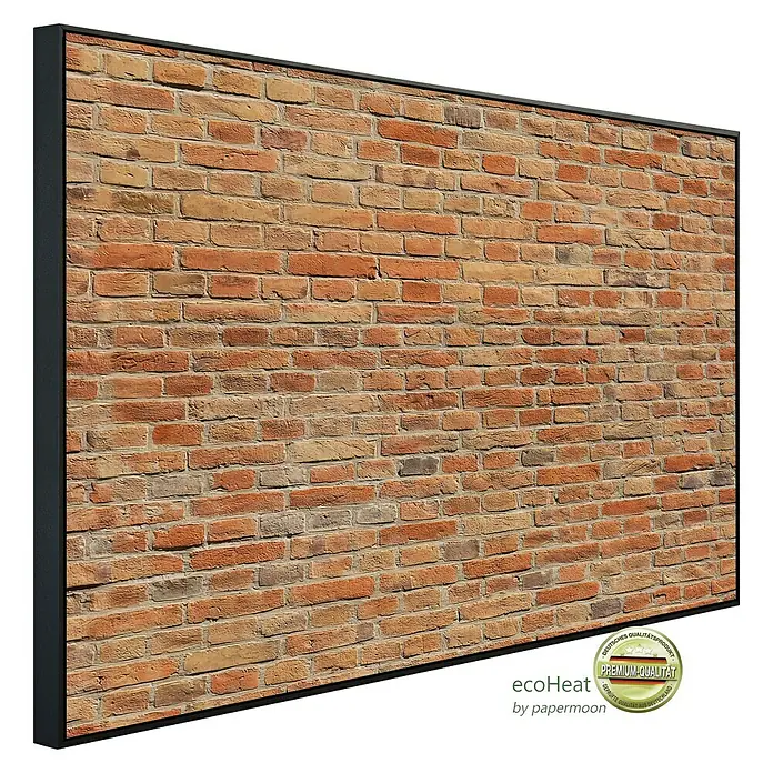 Papermoon Infrarot-Bildheizkörper Ziegelwand 3 - 100 x 60 cm, 600 W - Nahaufnahme eines Ecoheat Infrarot-Heizpaneels mit Backsteinmuster und schwarzem Rahmen.