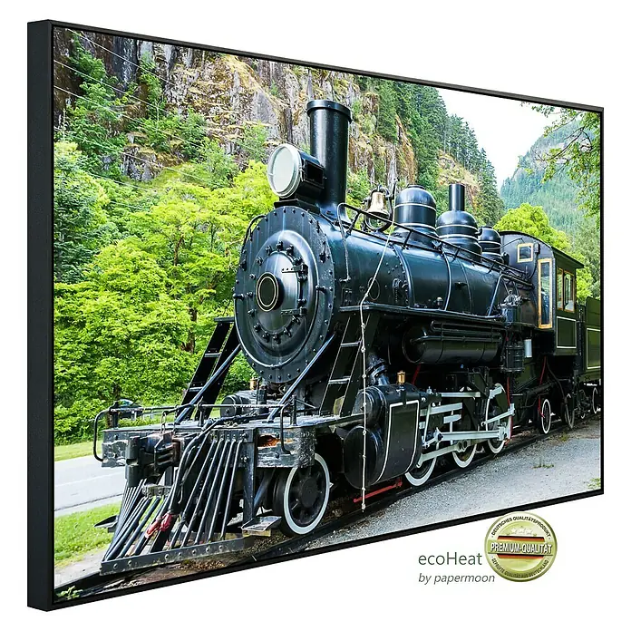 Papermoon Infrarot-Bildheizkörper Alte Dampflokomotive - 100 x 60 cm, 600 W - Das Leinwandbild zeigt eine beeindruckende, detailreiche Dampflokomotive vor einer malerischen Landschaft. Ein Blickfang für jeden Raum.