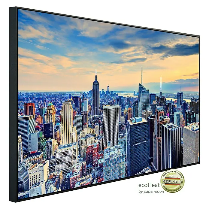 Papermoon Infrarot-Bildheizkörper Manhattan in der Abenddämmerung - 120 x 60 cm, 1.000 W - Gerahmtes Wandbild mit Skyline von New York bei Sonnenuntergang. Hochwertiger Druck auf Leinwand, ideal für moderne Wohnräume.
