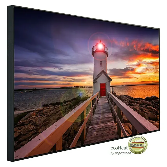 Papermoon Infrarot-Bildheizkörper Annisquam Lighhouse Sonnenuntergang - 120 cm x 600 mm, 1.200 W - Gerahmtes Wandbild mit Leuchtturm bei Sonnenuntergang. Premium-Qualität für Ihr Zuhause, ein echter Hingucker.