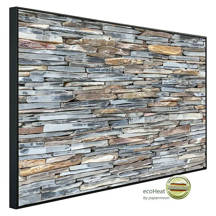Papermoon Infrarot-Bildheizkörper Stonewall - 100 x 60 cm, 800 W - Nahaufnahme eines Wandschmuckstücks mit Steinmuster. Die Wandpaneele bieten eine rustikale und elegante Ästhetik für jeden Raum.