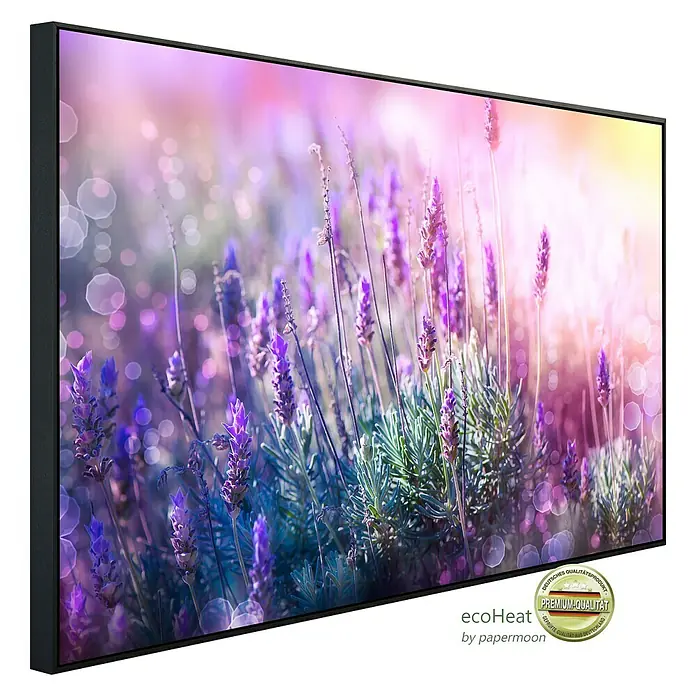Papermoon Infrarot-Bildheizkörper Lavendelfeld 3 - 60 x 50 cm, 350 W - Ein gerahmtes Bild von Lavendelblüten in violetten Farbtönen, das eine beruhigende und natürliche Atmosphäre schafft.