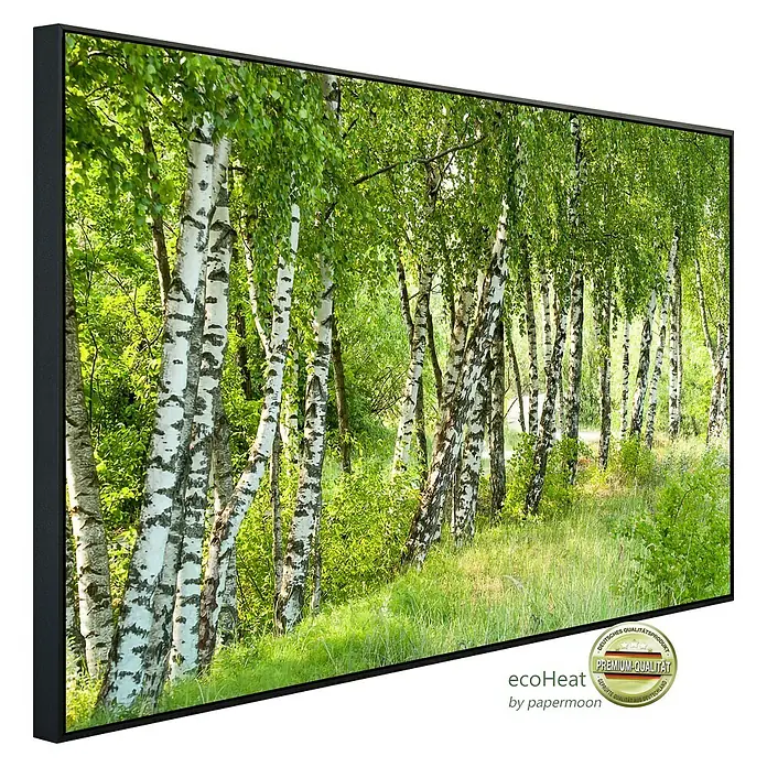 Papermoon Infrarot-Bildheizkörper Birkenwald 3 - 120 x 60 cm, 1.000 W - Ein gerahmtes Leinwandbild mit Birkenwald. Die Bäume sind von üppigem Grün umgeben, das eine friedliche Waldszene schafft.