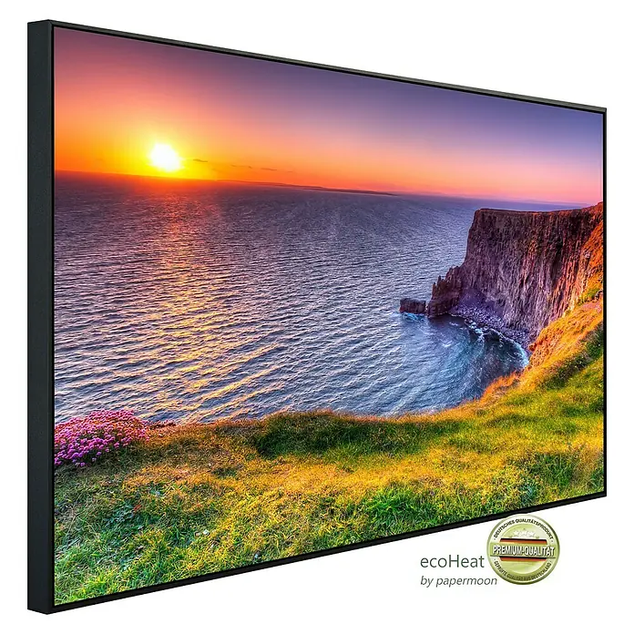 Papermoon Infrarot-Bildheizkörper Sonnenuntergang an den Moher Cliffs - 60 x 50 cm, 350 W - Ein gerahmtes Wandbild mit einem malerischen Sonnenuntergang über dem Meer an einer Küste. Premium-Qualität für Ihr Zuhause!
