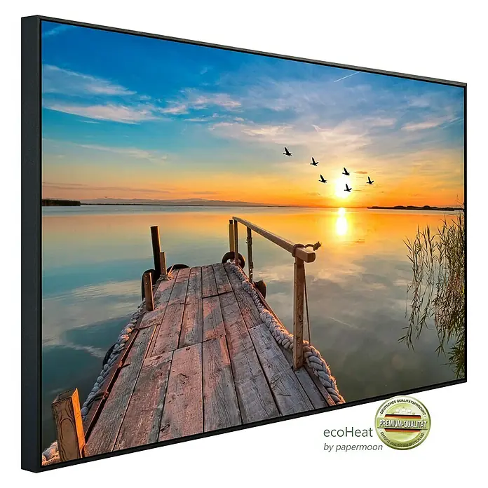 Papermoon Infrarot-Bildheizkörper Sunset Pier - 60 x 50 cm, 350 W - Wandbild mit Holzsteg am See bei Sonnenuntergang, gerahmt. Premium-Qualität für eine stimmungsvolle Atmosphäre im Raum.