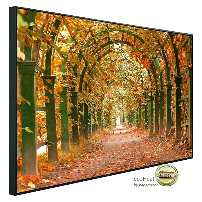 Papermoon Infrarot-Bildheizkörper Herbstgarten - 90 x 50 cm, 450 W - Nahaufnahme eines EcoHeat-Infrarot-Heizpaneels mit herbstlichem Allee-Motiv, das eine behagliche Atmosphäre schafft.\n