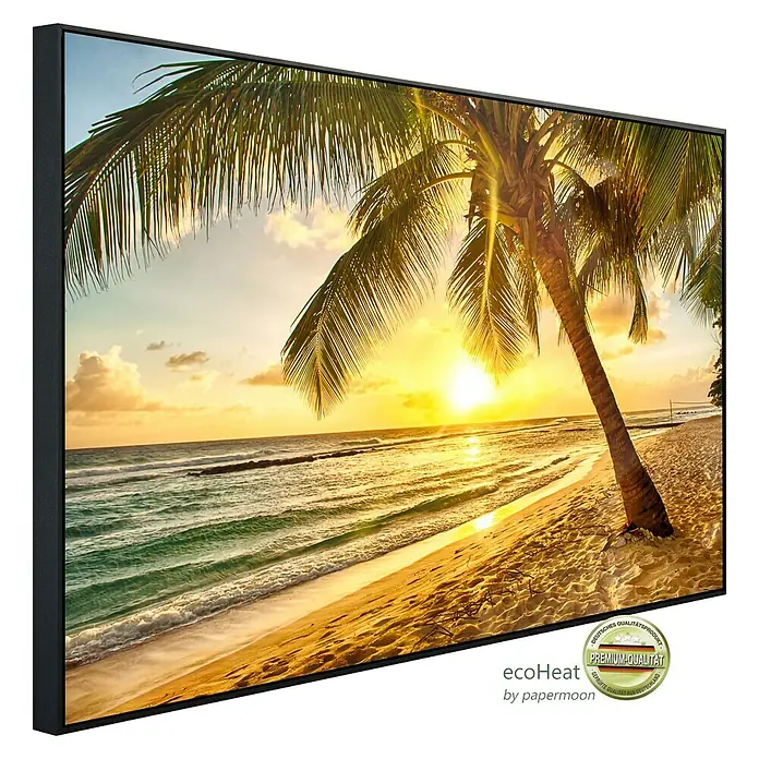 Papermoon Infrarot-Bildheizkörper Barbados Palm Beach 3 - 100 x 60 cm, 600 W - Das Bild zeigt einen hochwertigen, gerahmten Kunstdruck mit einem tropischen Strandmotiv bei Sonnenuntergang.