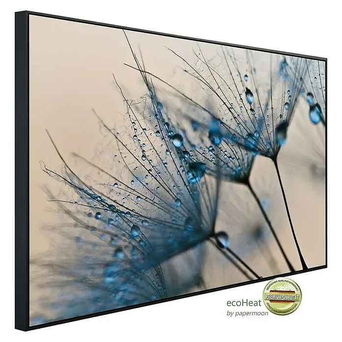Papermoon Infrarot-Bildheizkörper Abstrakter Löwenzahn - 100 x 60 cm, 800 W - Nahaufnahme eines EcoHeat Heizpaneels mit filigranem Pusteblumenmotiv und Wassertropfen, gerahmt in elegantem Schwarz, für stilvolle Wärme.