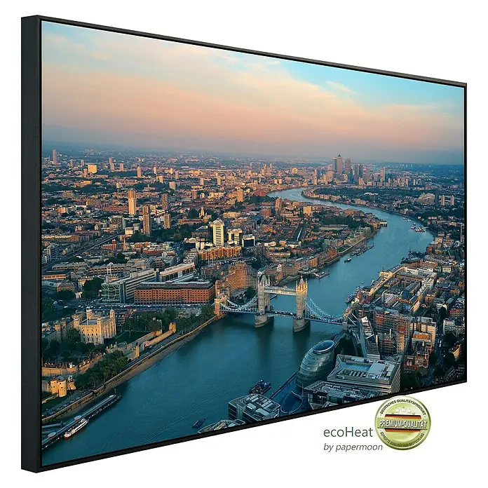 Papermoon Infrarot-Bildheizkörper Skyline von London - 100 x 60 cm, 600 W - Ein gerahmtes Wandbild mit einer Luftaufnahme von London bei Sonnenuntergang. Hochwertiger Kunstdruck für stilvolle Raumgestaltung.