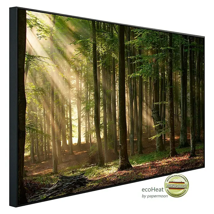 Papermoon Infrarot-Bildheizkörper Herbstwald 3 - 90 x 50 cm, 450 W - Hochwertiges EcoHeat-Produkt mit Waldmotiv und Rahmen. Perfekt für eine natürliche und stilvolle Wanddekoration.