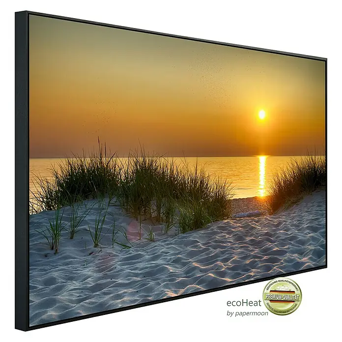 Papermoon Infrarot-Bildheizkörper Dunes Lake Michigan - 100 x 60 cm, 600 W - Hochwertiges Wandbild, das einen goldenen Sonnenuntergang über dem Meer zeigt, umrahmt von einem eleganten, schwarzen Rahmen. Premium-Qualität für Ihr Zuhause.