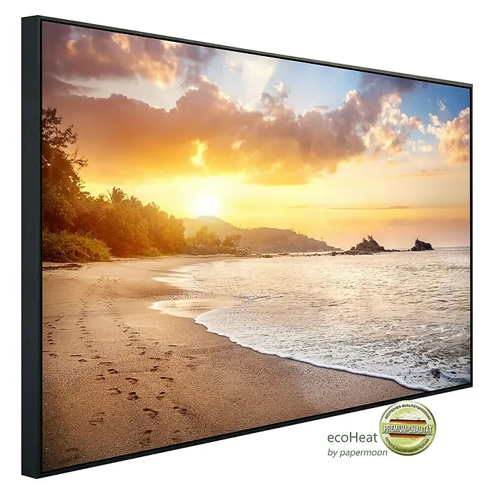 Papermoon Infrarot-Bildheizkörper Karnataka Beach - 120 x 60 cm, 1.000 W - Das EcoHeat Paneelbild mit wunderschönem Sonnenuntergang am Strand bringt Urlaubsfeeling in jeden Raum. Ein Premium Qualitätsprodukt.