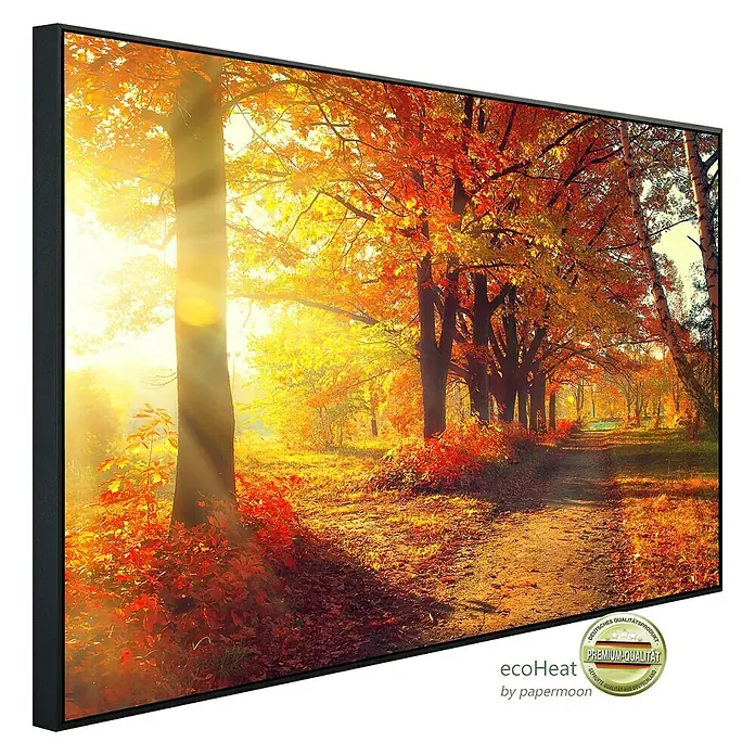 Papermoon Infrarot-Bildheizkörper Herbstwald 4 - 60 x 50 cm, 350 W - Das Infrarotbild EcoHeater zeigt einen sonnigen Herbstwaldweg. Premium-Qualität für angenehme Wärme und eine stimmungsvolle Atmosphäre.