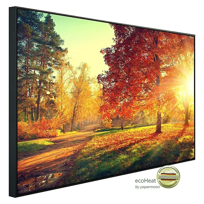 Papermoon Infrarot-Bildheizkörper Herbstbäume 2 - 120 x 60 cm, 1.000 W - EcoHeat Infrarotheizung mit Rahmen, Waldmotiv im Herbst. Hochwertige Infrarotheizung für angenehme Wärme und stimmungsvolle Optik.