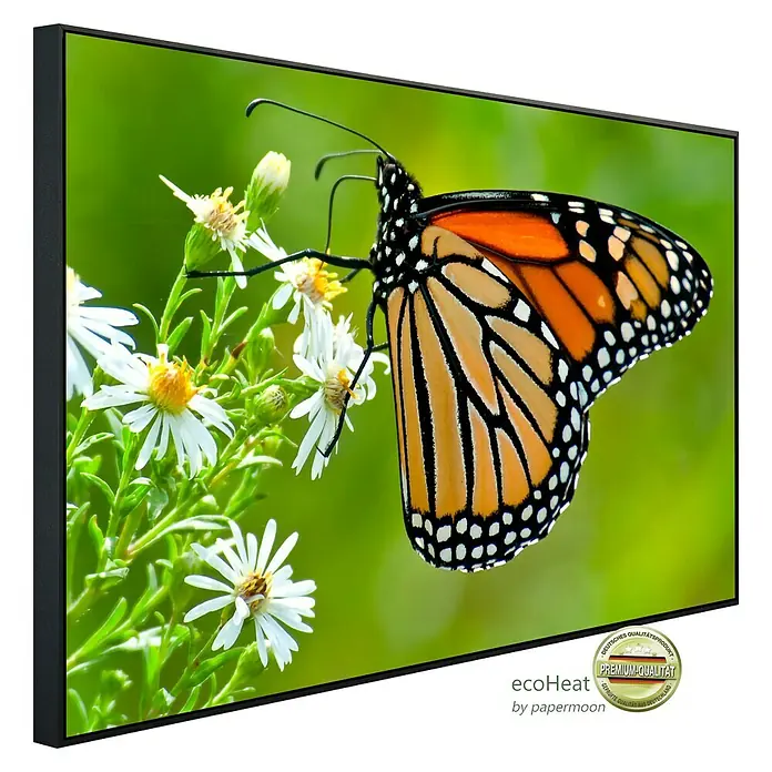 Papermoon Infrarot-Bildheizkörper Monarchfalter - 120 x 60 cm, 1.200 W - Ecoheat Infrarotheizung mit Schmetterlingsmotiv. Edles Design mit Premium-Qualität für angenehme Wärme und stilvolle Optik.