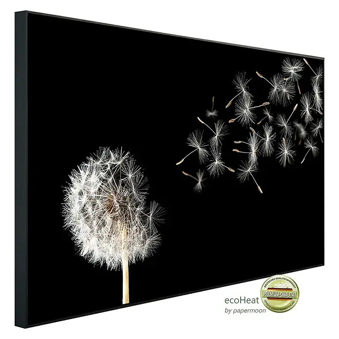 Papermoon Infrarot-Bildheizkörper Löwenzahn - 100 x 60 cm, 800 W - Schwarzes Infrarotheizungsbild mit Pusteblume im Flug. Premium Qualität Wandheizung für ein wohlig warmes Zuhause.