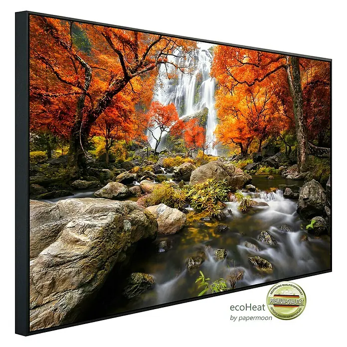 Papermoon Infrarot-Bildheizkörper Herbst Wasserfall 1 - 90 x 50 cm, 450 W - Das Bild zeigt eine EcoHeat Infrarotheizung mit einem Herbstlandschaftsmotiv, das mit seinem eleganten Rahmen jeden Raum optisch aufwertet.