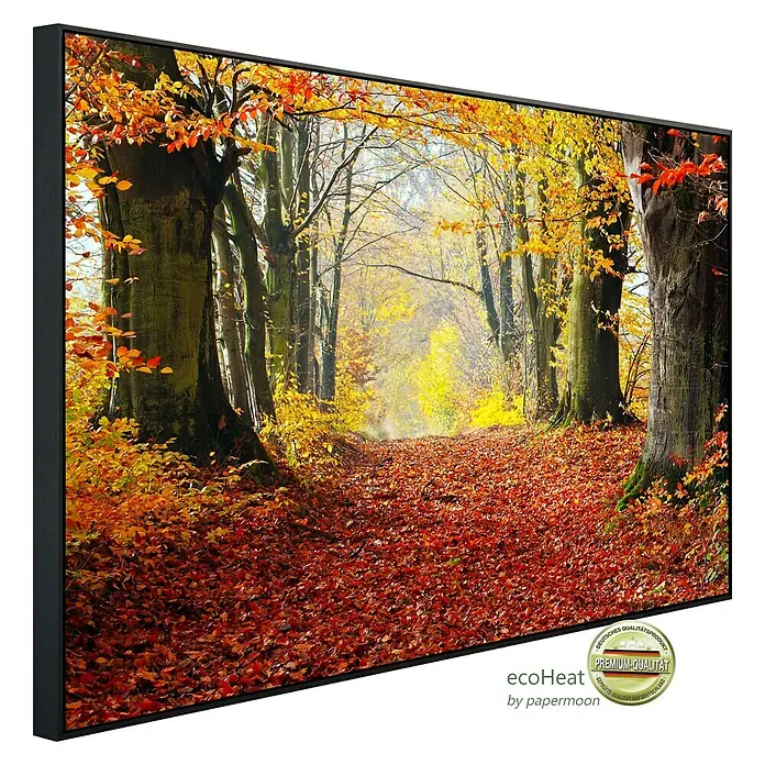 Papermoon Infrarot-Bildheizkörper Herbst Waldweg - 60 x 50 cm, 350 W - Wandbild "Herbstwald" von EcoHeat, gerahmtes Kunstwerk mit herbstlicher Waldszene für eine warme Atmosphäre.