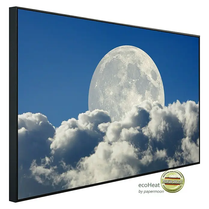 Papermoon Infrarot-Bildheizkörper Großer Mond und Wolken - 60 x 50 cm, 350 W - Ein modernes Infrarot-Heizpaneel mit einem atemberaubenden Bild des Mondes über den Wolken, ideal für stilvolle Wärme.