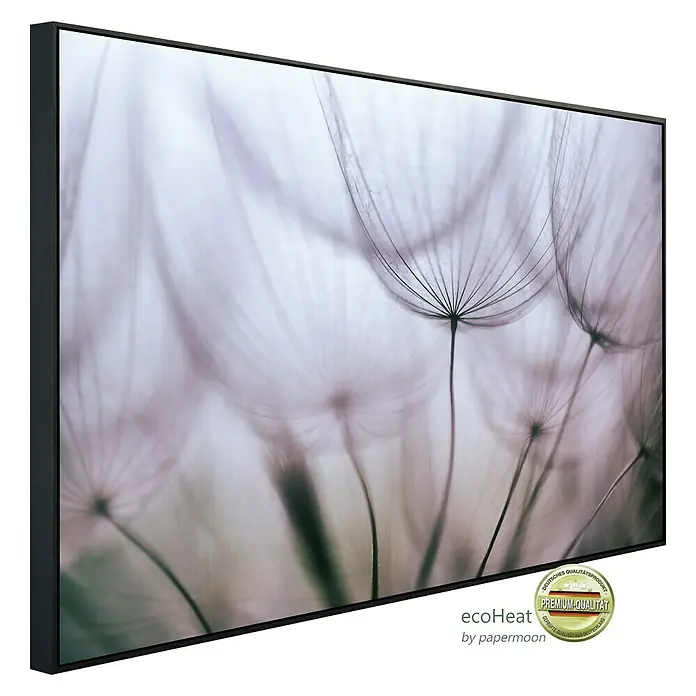 Papermoon Infrarot-Bildheizkörper Lila abstrakter Löwenzahn - 60 x 50 cm, 350 W - Nahaufnahme einer Ecoheat-Heizplatte mit zarten Pusteblumen vor einem dunklen Rahmen. Hochwertiges Produkt für angenehme Wärme.