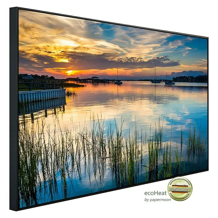 Papermoon Infrarot-Bildheizkörper Torheit Strand South Carolina - 120 x 60 cm, 1.000 W - Gerahmtes Landschaftsgemälde mit Sonnenuntergang und See. Hochwertiges Produkt für eine stilvolle Wanddekoration.
