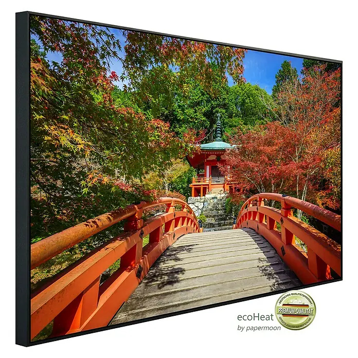 Papermoon Infrarot-Bildheizkörper Daigoji Tempel Kyoto - 90 x 50 cm, 450 W - Gerahmtes Wandbild mit einer malerischen Brücke und einem traditionellen japanischen Turm, ideal für eine stilvolle Dekoration.