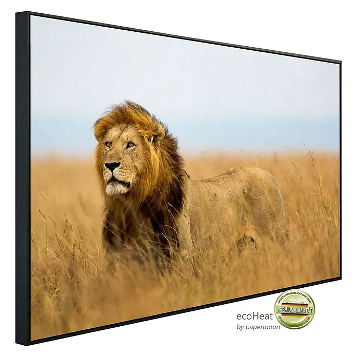 Papermoon Infrarot-Bildheizkörper Löwe in Masai Mara Kenia - 120 x 60 cm, 1.200 W - Gerahmtes Wandbild eines majestätischen Löwen im Grasland. Premium-Qualität für stilvolle Inneneinrichtung.