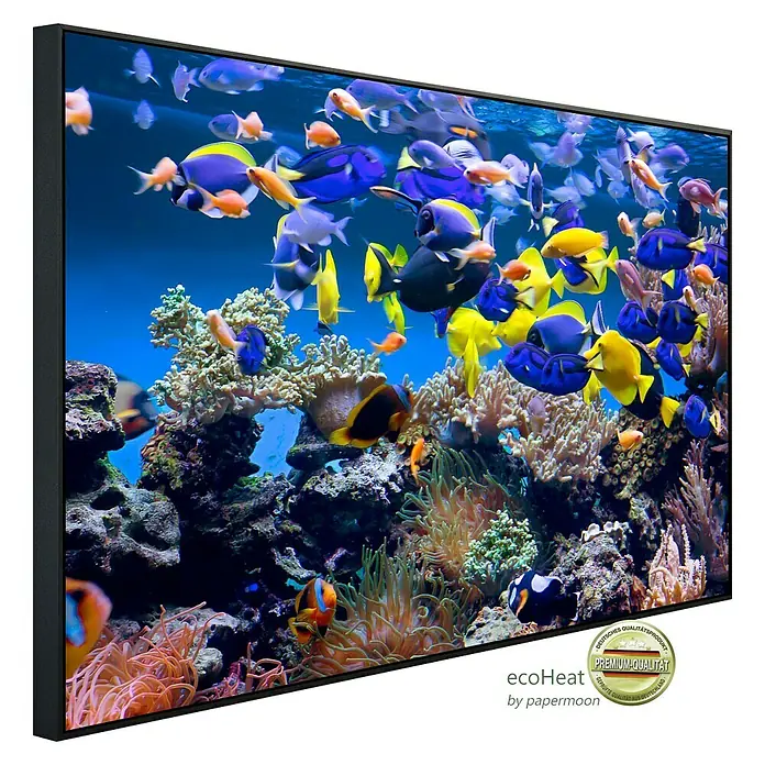Papermoon Infrarot-Bildheizkörper Aquarium - 120 x 60 cm, 1.200 W - Das Bild zeigt ein faszinierendes Aquarium Wandbild mit bunten Fischen und Korallen, das eine ruhige Unterwasseratmosphäre schafft.
