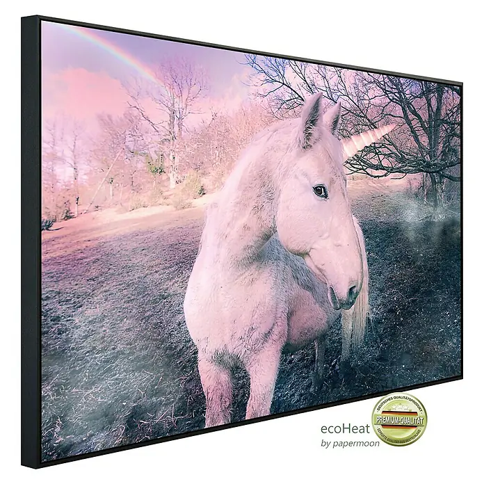 Papermoon Infrarot-Bildheizkörper Einhorn - 120 x 60 cm, 1.000 W - Das Bild zeigt ein gerahmtes Einhorn-Wandbild mit einem wunderschönen Regenbogen im Hintergrund. Hochwertiger Druck für Ihr Zuhause.