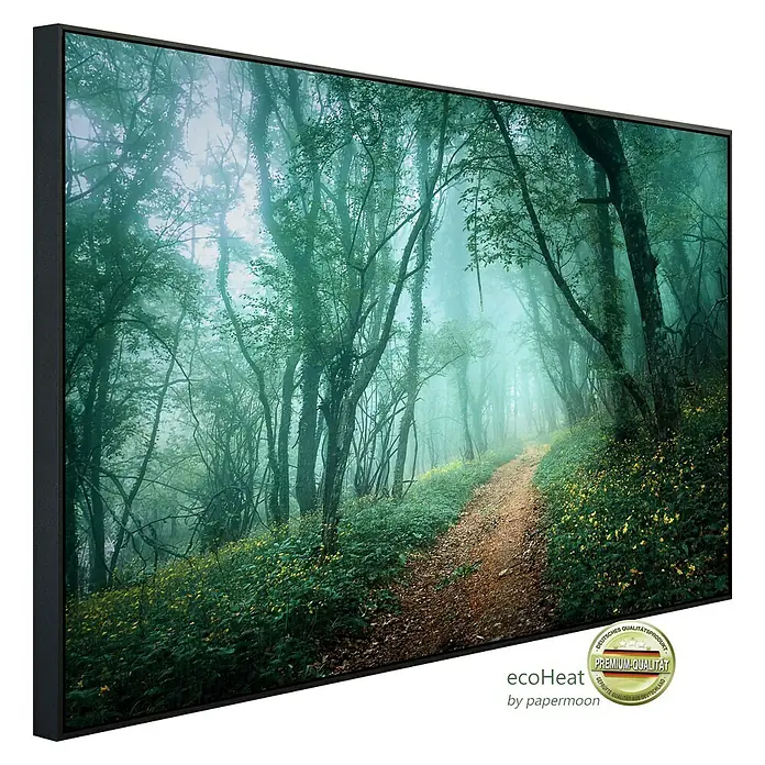 Papermoon Infrarot-Bildheizkörper Nebelwald im Nebel - 90 x 50 cm, 450 W - Das Leinwandbild zeigt einen mystischen Waldweg im Nebel, ein Premium-Qualitätsprodukt für Ihr Zuhause.