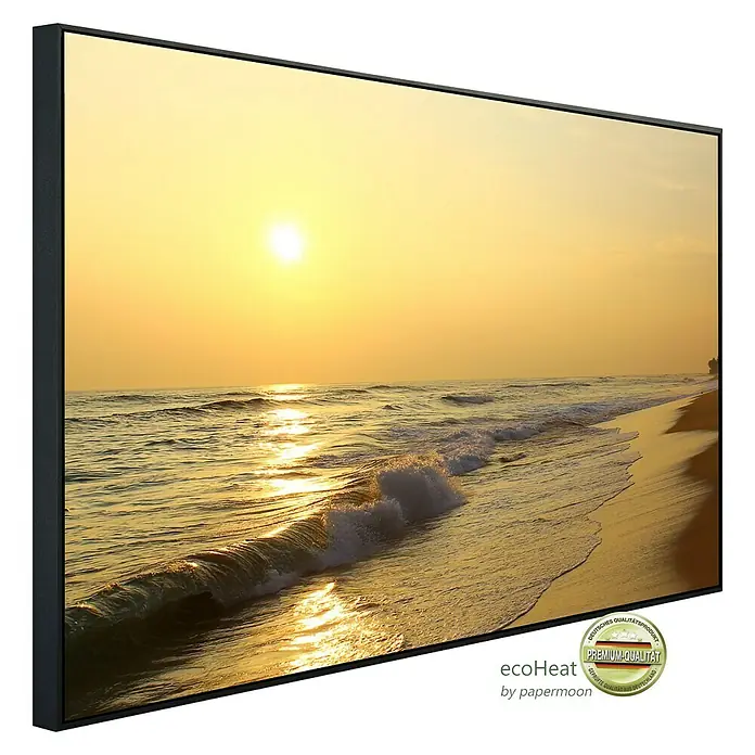 Papermoon Infrarot-Bildheizkörper Sonnenuntergangsstrand Sri Lanka - 90 x 50 cm, 450 W - Ecoheat Bildheizung: Ein wunderschönes Sonnenaufgangsgemälde mit sanften Wellen, gerahmt für stilvolle Wärme und Komfort.