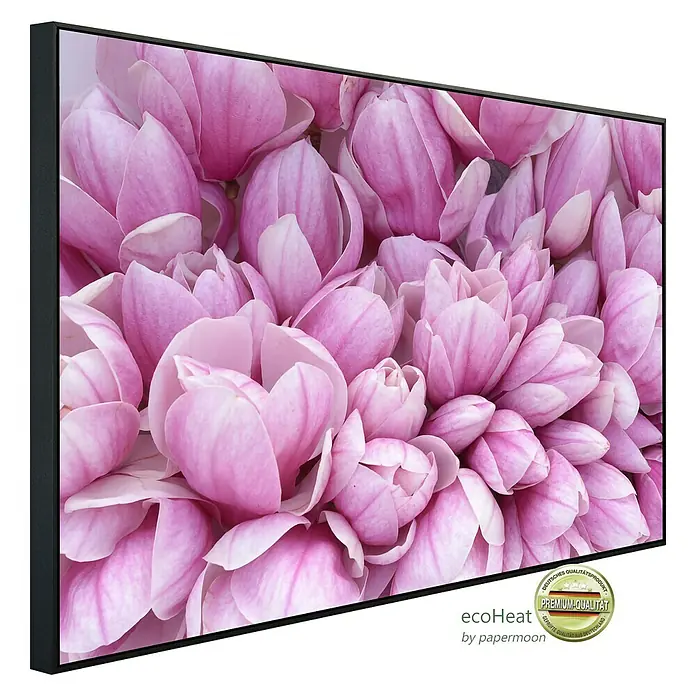 Papermoon Infrarot-Bildheizkörper Rosa Magnolie 2120 x 90 cm, 1.200 W - Nahaufnahme eines gerahmten EcoHeat-Heizkörpers mit Magnolienblütenmuster und Premium-Qualitäts-Siegel.