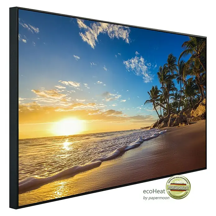 Papermoon Infrarot-Bildheizkörper Tropischer Strand im Sonnenaufgang - 120 x 60 cm, 1.000 W - Wandbild mit Strandmotiv im Sonnenuntergang. Das Premium-Qualität Produkt sorgt für eine entspannte Atmosphäre im Raum.